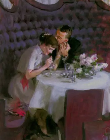 Romantic couple in fancy restaurant, she eating dessert - John Gannam
